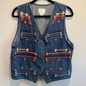 VTG 90s SUSAN BRISTOL Embroidered Colorful Button Front Denim Vest Size M